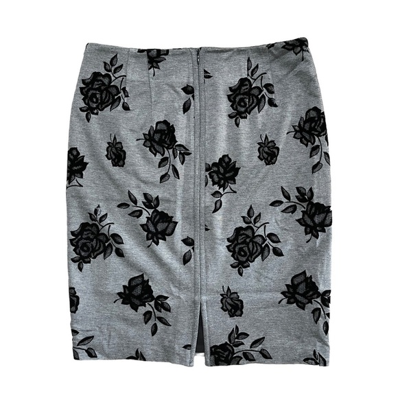 Premise Studio Gray Black Floral Print Stretch Straight Pencil Skirt 8 - Picture 2 of 7